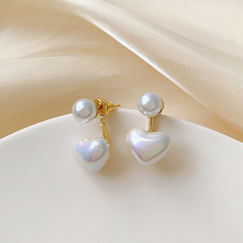 Asymmetric Heart Stud Hollow ECG Tassel Zircon Pearl Earrings