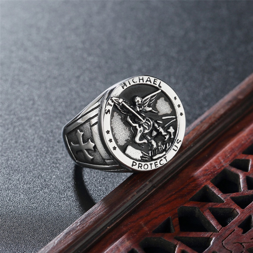 Vintage Catholic Angel Michael Stainless Steel Ring