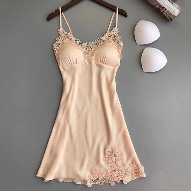Women Nightgowns Satin Lace Sexy Lingerie Summer V-neck Sleeveless Night Dress Sleepwear Dress Chest Pad Nightgown