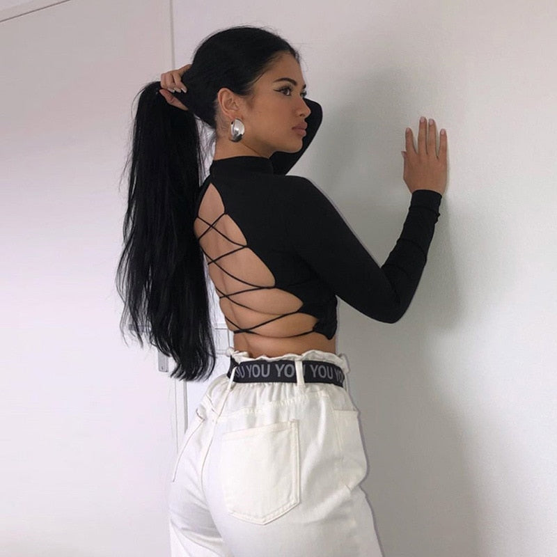 Women Sexy Open Back T-shirt Long Sleeve Cropped Top