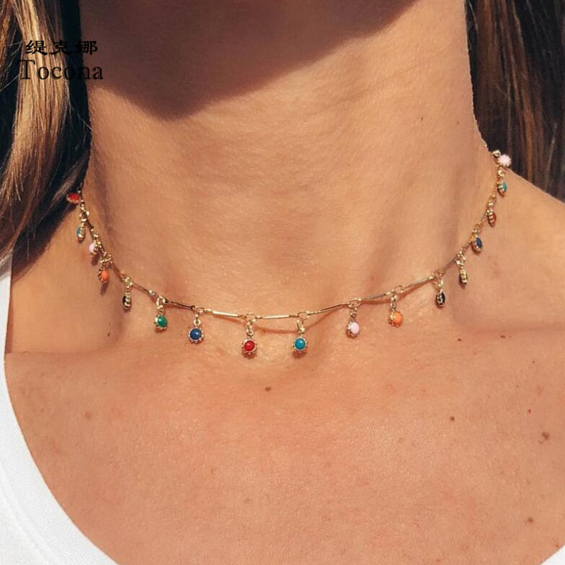Tocona Bohemian Colorful Tassel Clavicle Chain Beaded Necklace