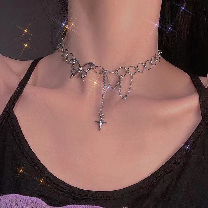 Women Silver Color Butterfly Short Gift Necklace