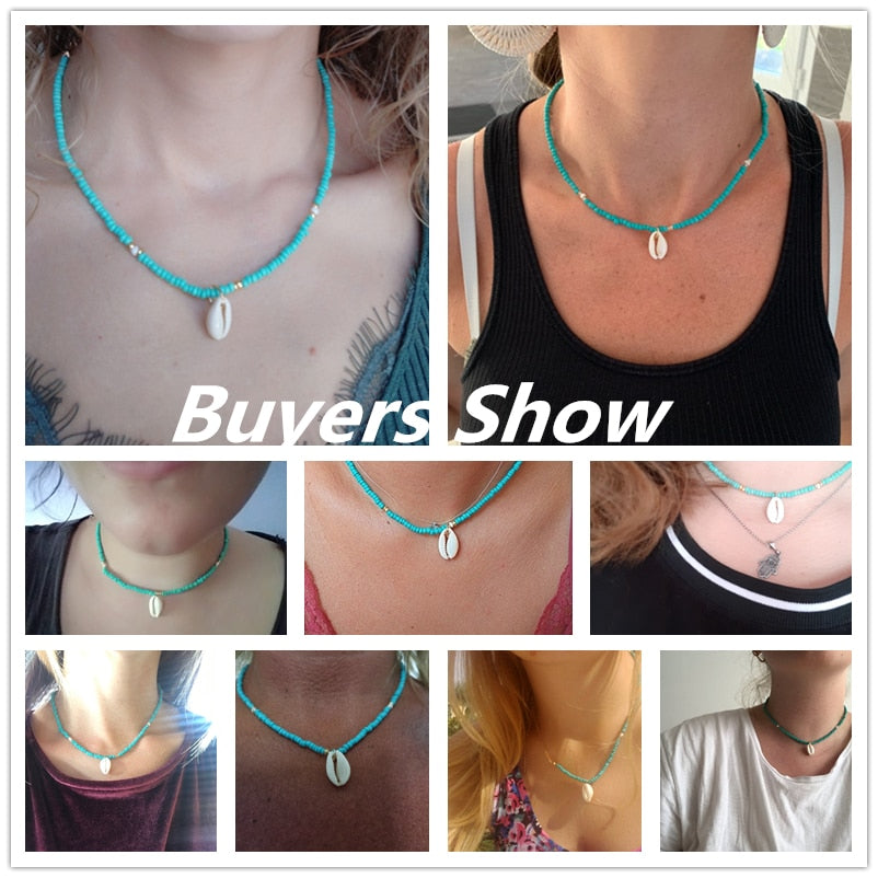 HuaTang Bohemian Green Rhinestone Shell Choker Pendant Necklace