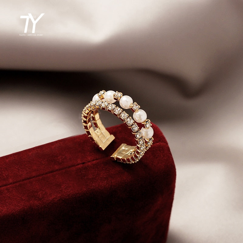 Luxury Zircon Gold Color Double Student Open Rings