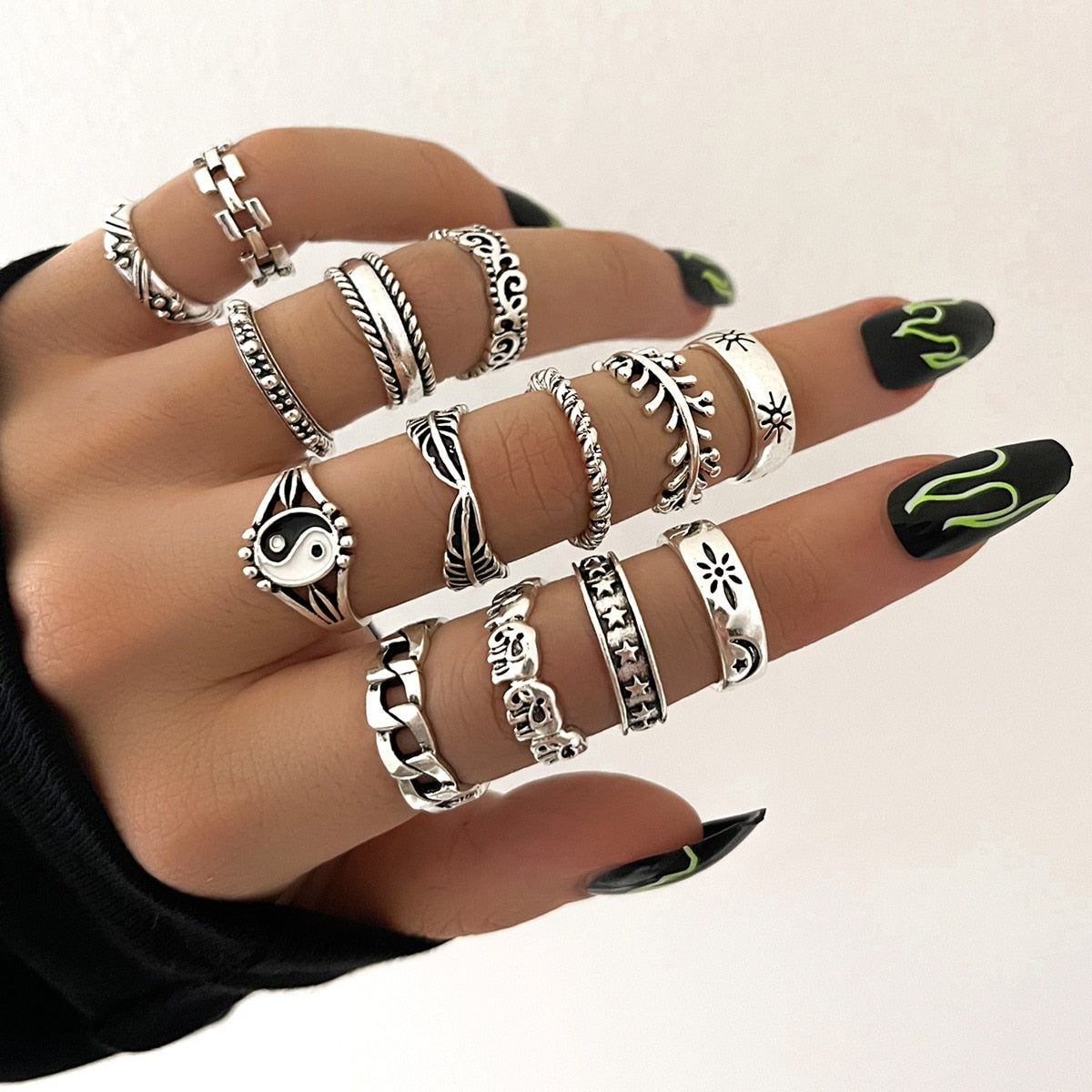 14 Stks/Set Neo-Gotiese Gemengde Veer Olifant Ster Maan Son Ring