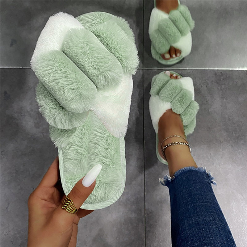 Furry Slippers Soft Plush Cross Faux Fur Shoes