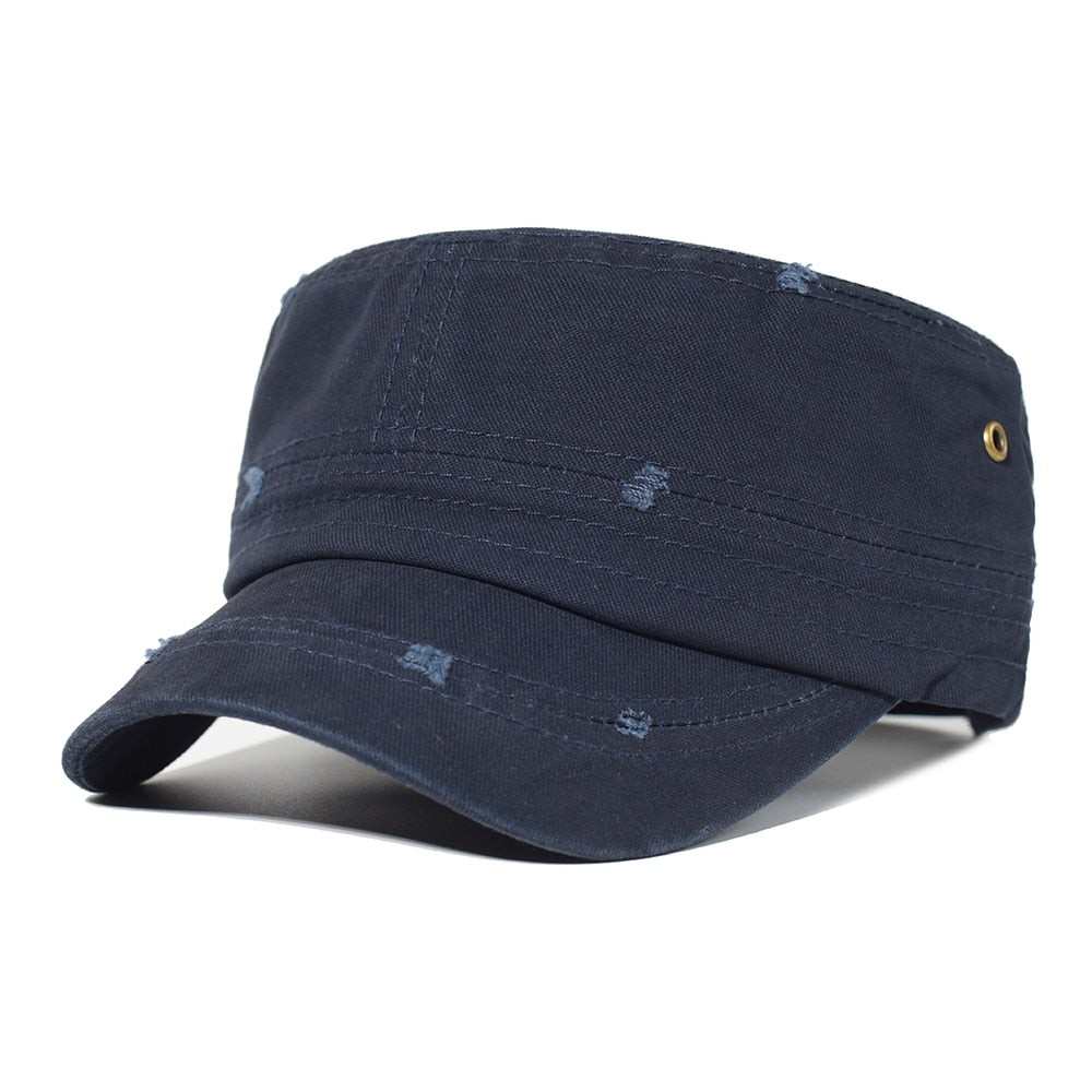 Washed Cotton Military Caps Men Cadet Army Cap Unique Design Vintage Flat Top Hat