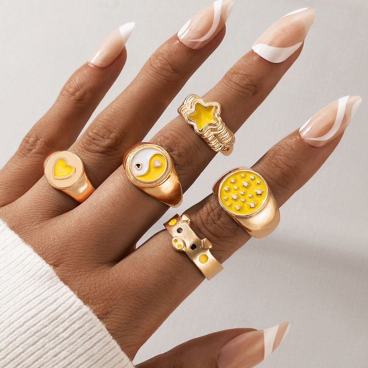 14 Pcs/Set Neo-Gothic Mixed Feather Elephant Star Moon Sun Ring