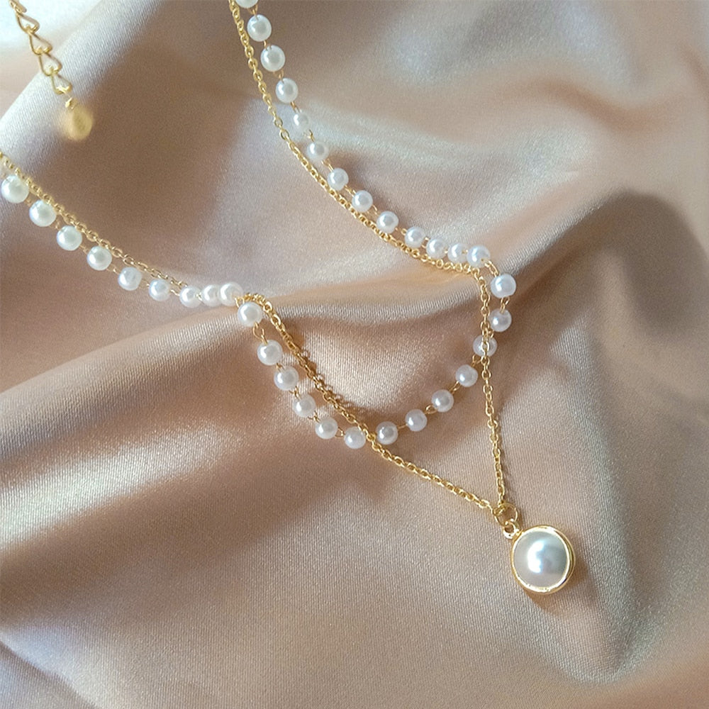 SUMENG Double Layer Chain Kpop Pearl Choker Necklace