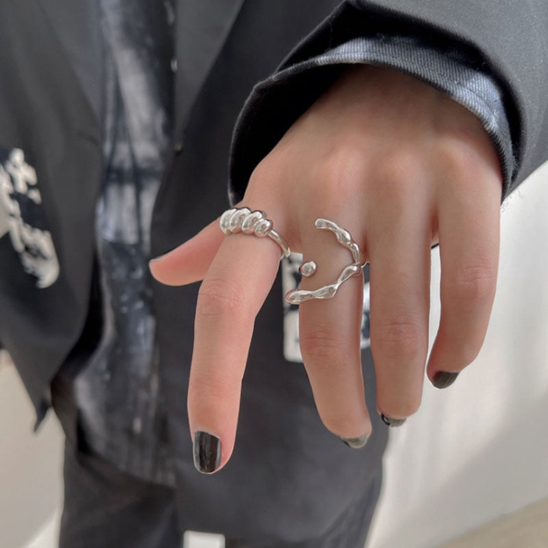 VENTFILLE 925 Sterling Silver Wave Light-shaped Solid Double-layer Ring