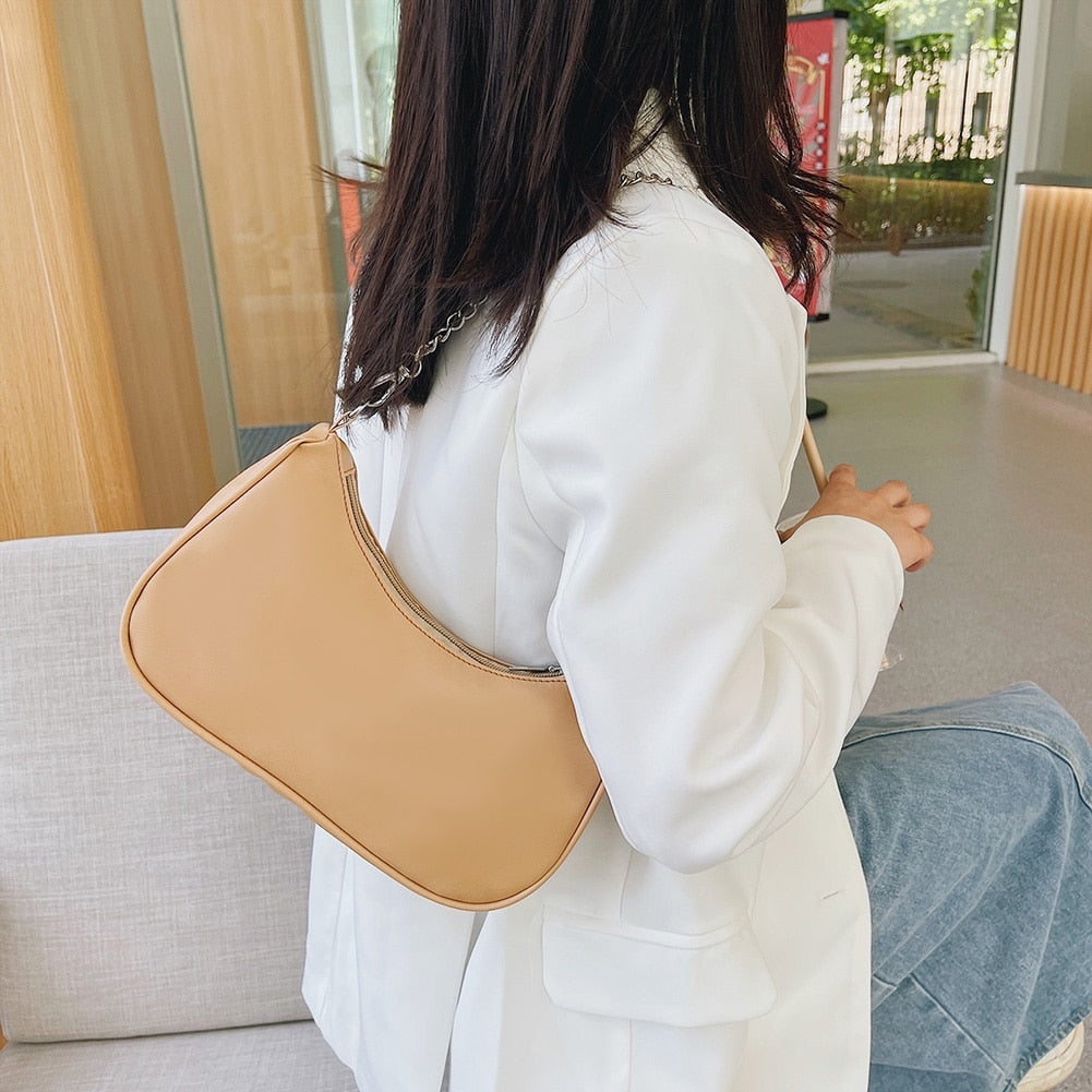 Women's Bag PU Leather 2021 New Solid Color Armpit Underarm Shoulder Bags for Women Casual Ladies Chain Shopper Handbags Purse