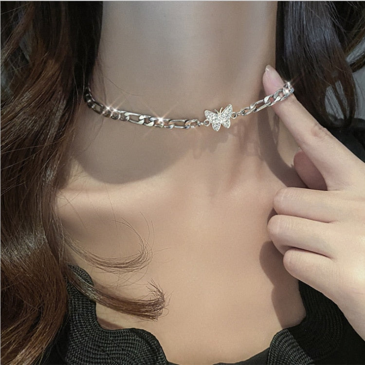 Women Silver Color Butterfly Short Gift Necklace