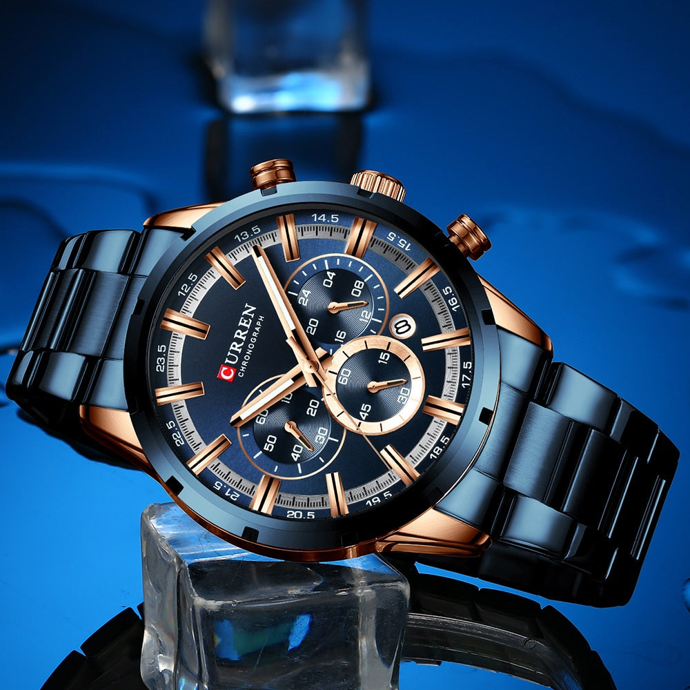 Blue Dial Stainless Steel Band Date Mens Watch