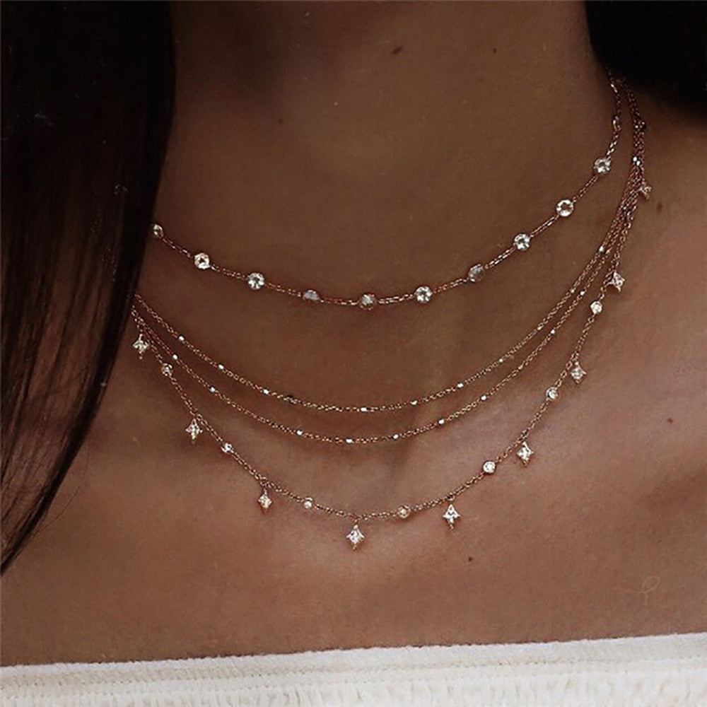 New Fashion Gold Crystal Stars Pendant Necklace