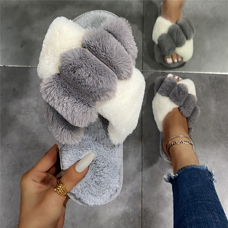 Furry Slippers Soft Plush Cross Faux Fur Shoes