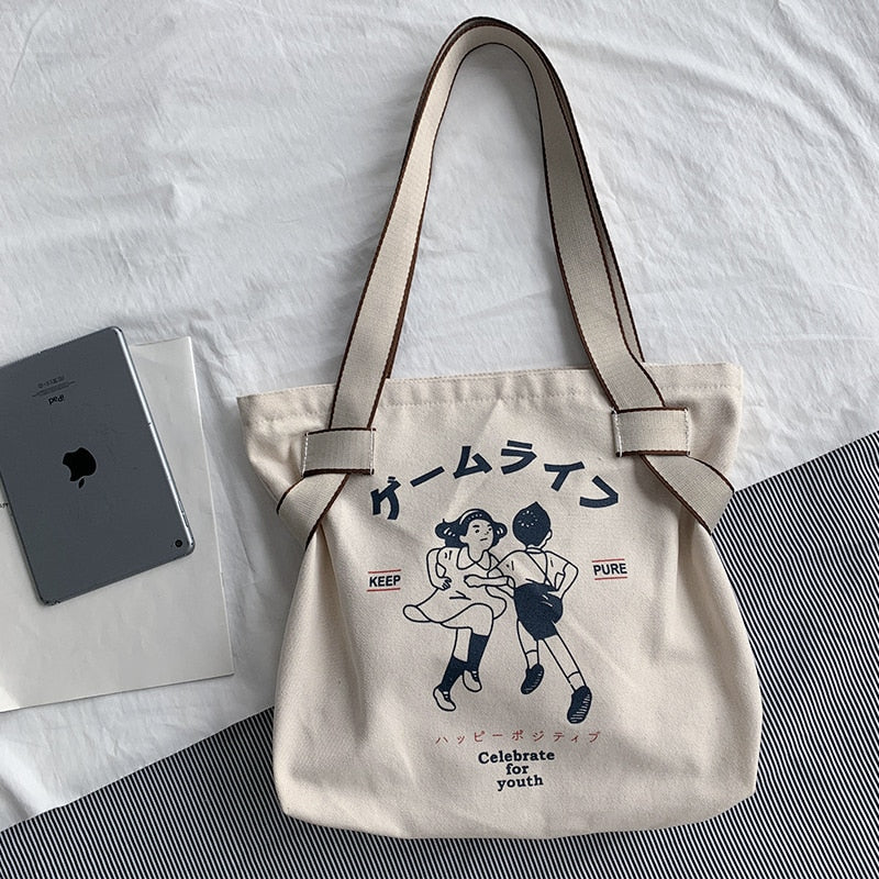 Canvas Japanese Style Retro Cartoon Anime Print Girls Shoulder Bag