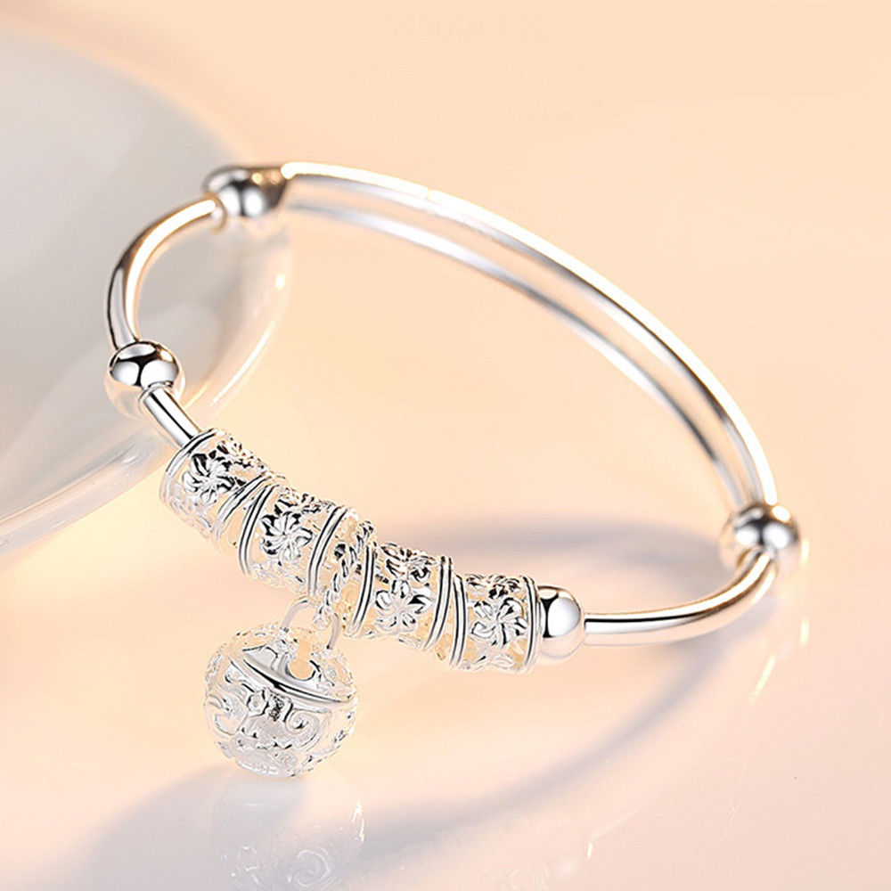 Fine 925 Sterling Silver hollow Bells ball bangles adjustable Bracelets
