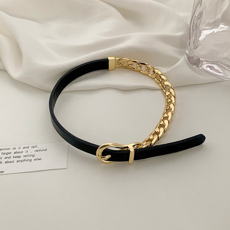 Amorcome Women Punk PU Leather Choker Chain Collar Necklace