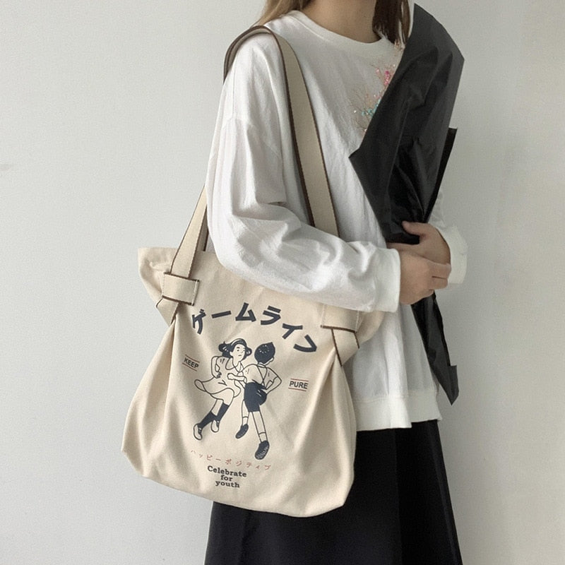 Canvas Japanese Style Retro Cartoon Anime Print Girls Shoulder Bag