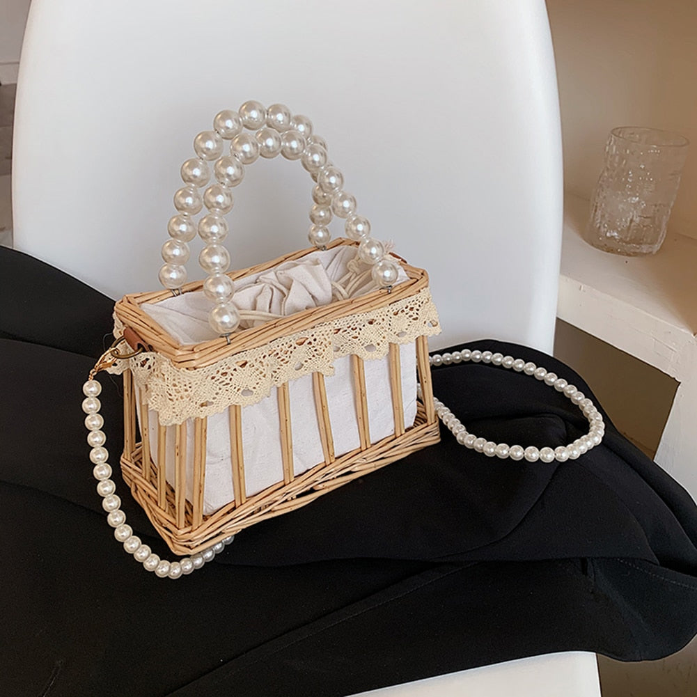 Straw Rattan Handmade Pearl Beads Tote Bag