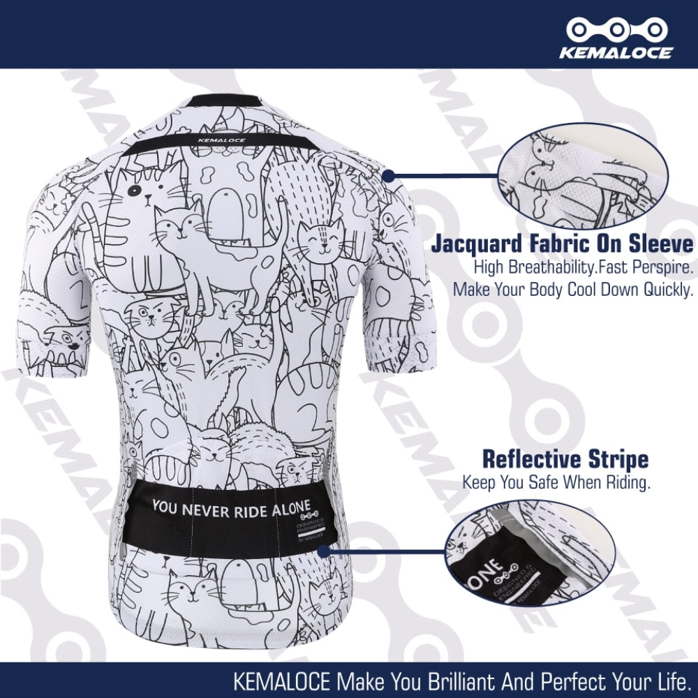 KEMALOCE Breathable Unisex White Cartoon Cat Cycling Jersey Spring