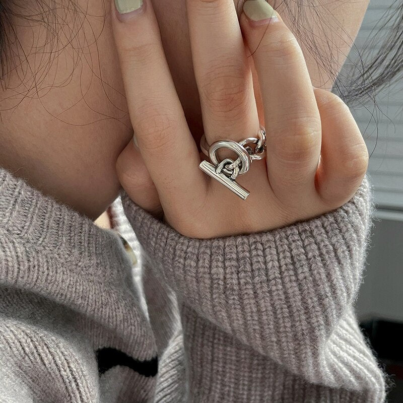 XIYANIKE Unique OT Buckle Chain Fashion Multi-layer Cross Round Silver Ring