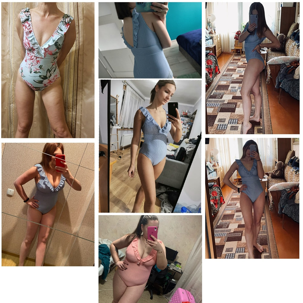 One Piece Striped Ruffled Vintage Print Swimsuit