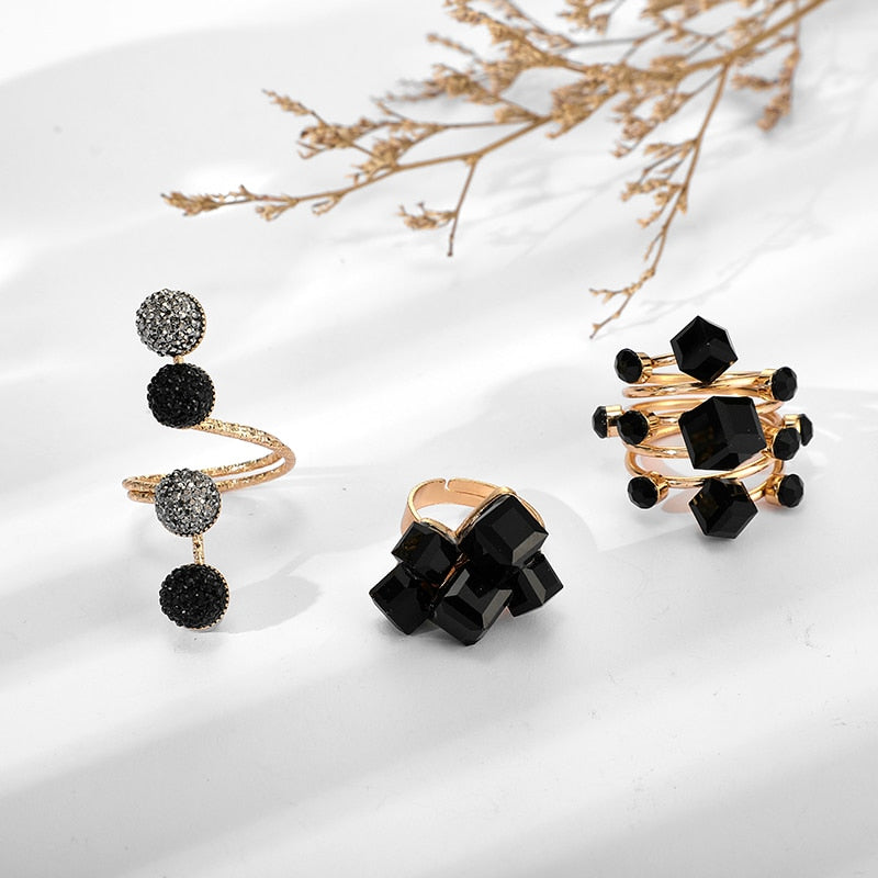 Antique Black Crystal Stone Opening Joint Adjustable Gothic Statement Ring