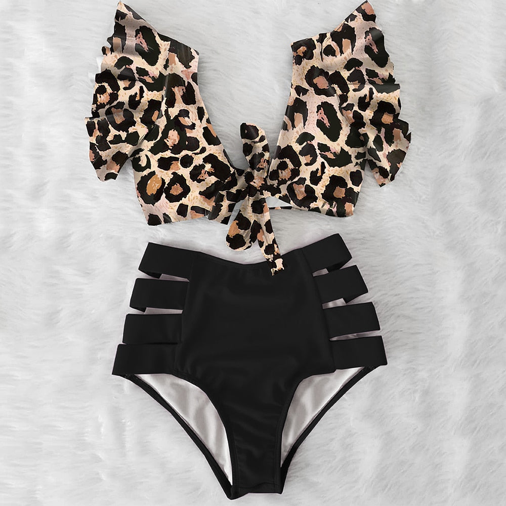 Floral Beachwear V-Neck High Waist Ruffled Sexy Bikini Set