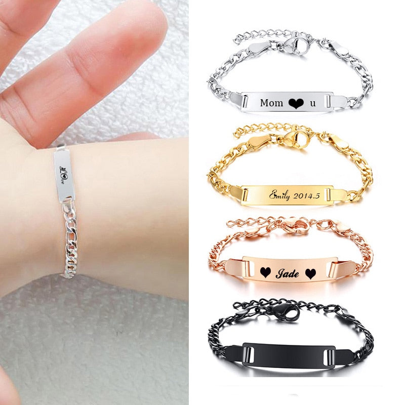 Personalize Baby Name Chain Smooth Bangle Link Gold Tone Bracelet