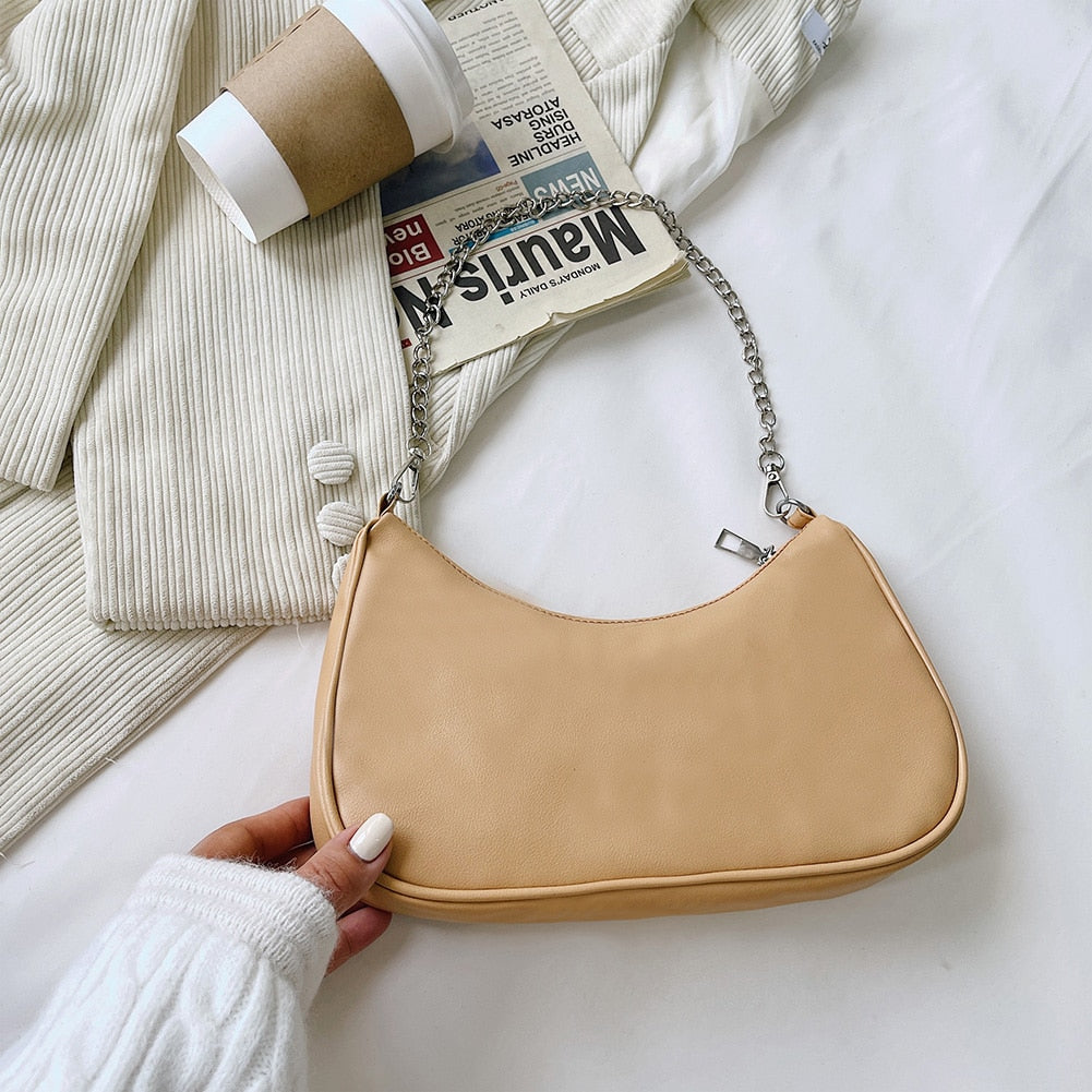 PU Leather Solid Color Chain Shopper Shoulder Bags