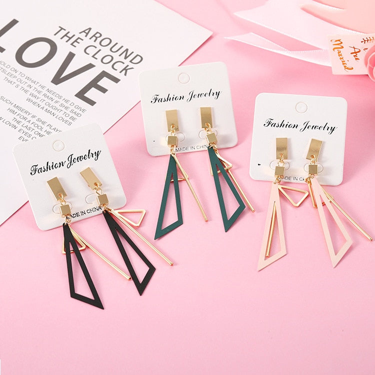 Korean Long Statement Geometric Triangle Tassel Dangle Drop Earrings