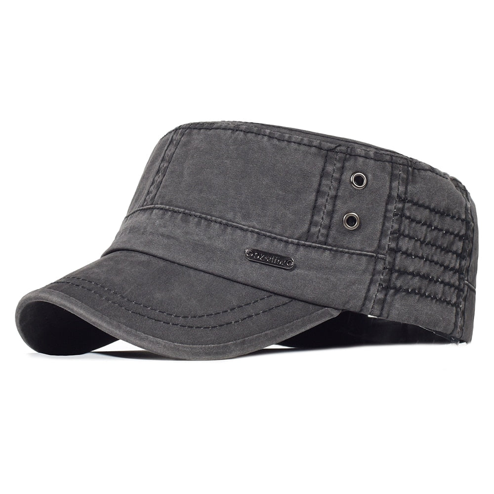 Washed Cotton Military Caps Men Cadet Army Cap Unique Design Vintage Flat Top Hat