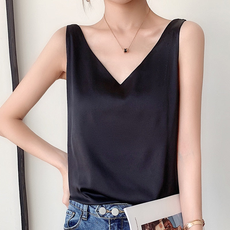 Strap Top Halter V Neck Sleeveless Satin Silk Tank Top