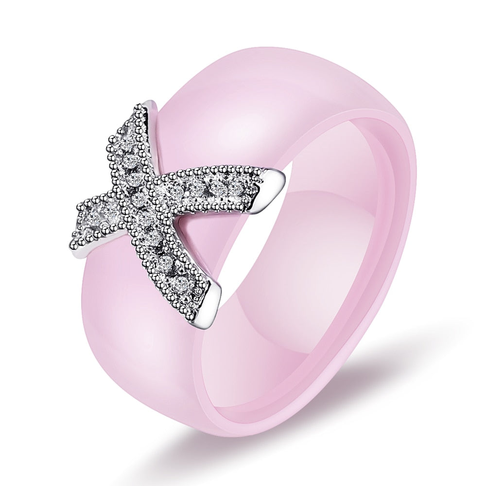 6mm White Black Ceramic Rings Plus Cubic Zirconia For Women