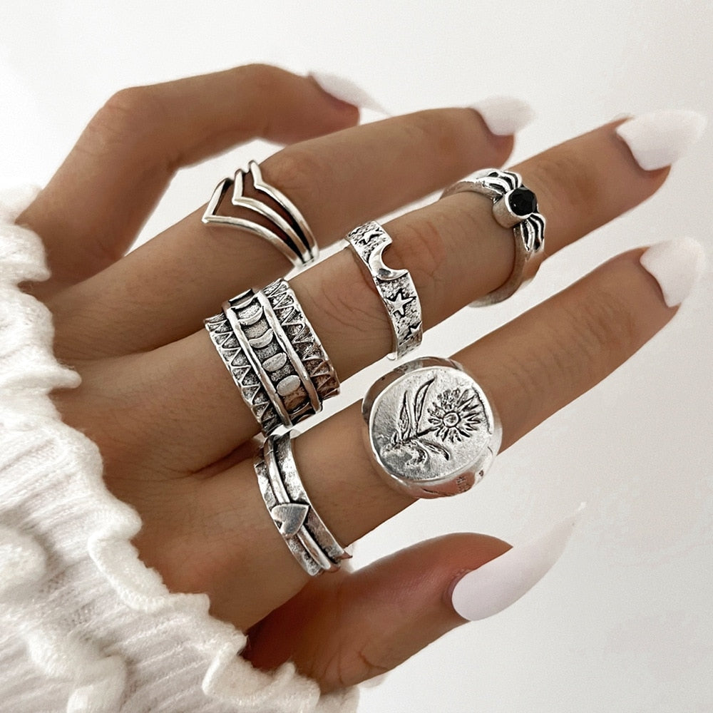 14 Pcs/Set Neo-Gothic Mixed Feather Elephant Star Moon Sun Ring