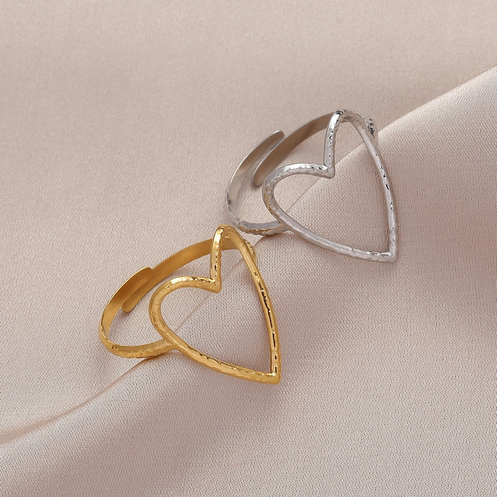 Stainless Steel 2 Color Big Heart Adjustable Ring