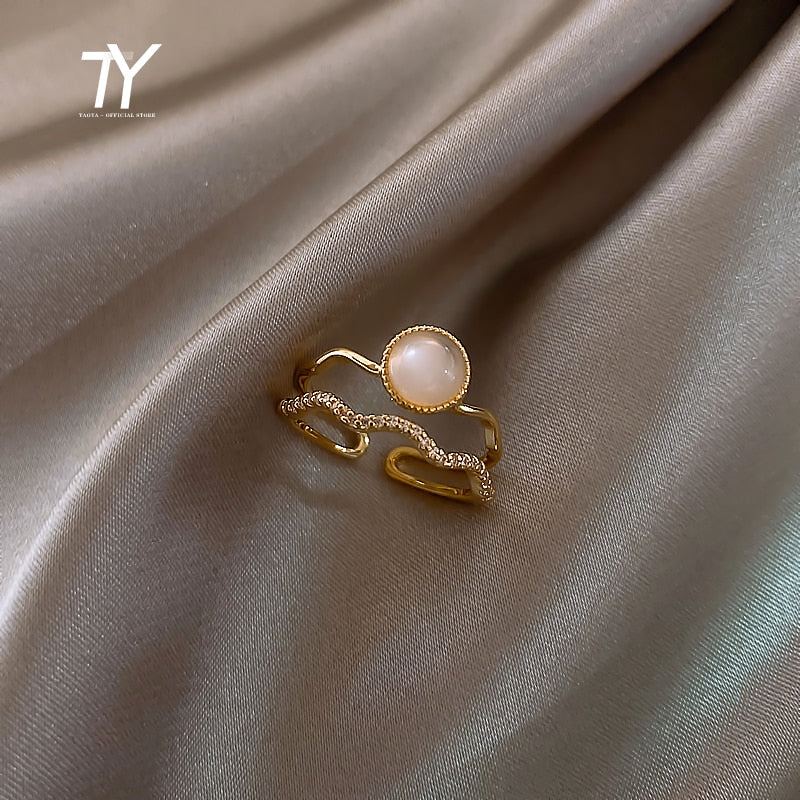 Luxury Zircon Gold Color Double Student Open Rings