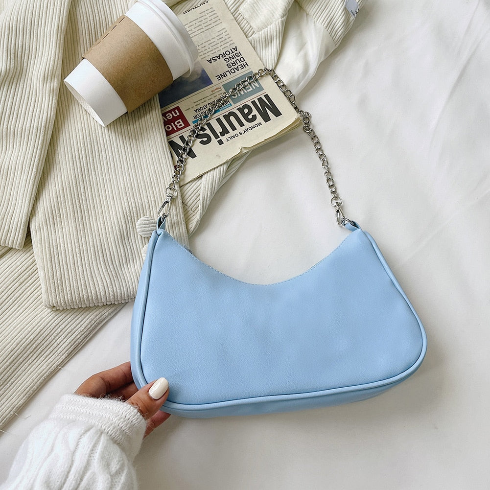 PU Leather Solid Color Chain Shopper Shoulder Bags