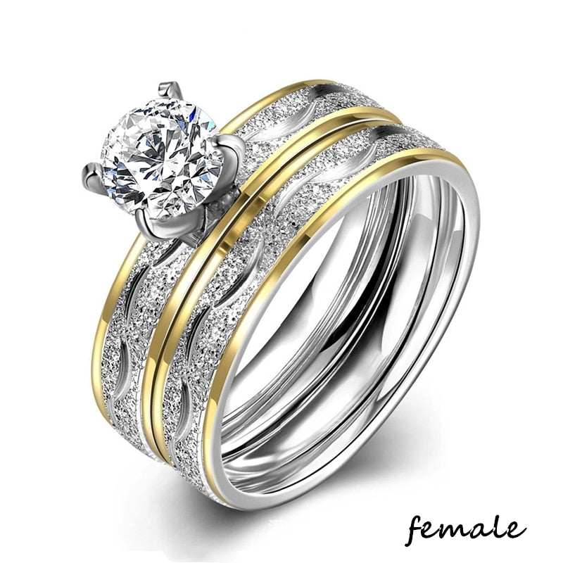 Exquisite Rhinestones Zirconia Couple Ring Set Simple Stainless Steel