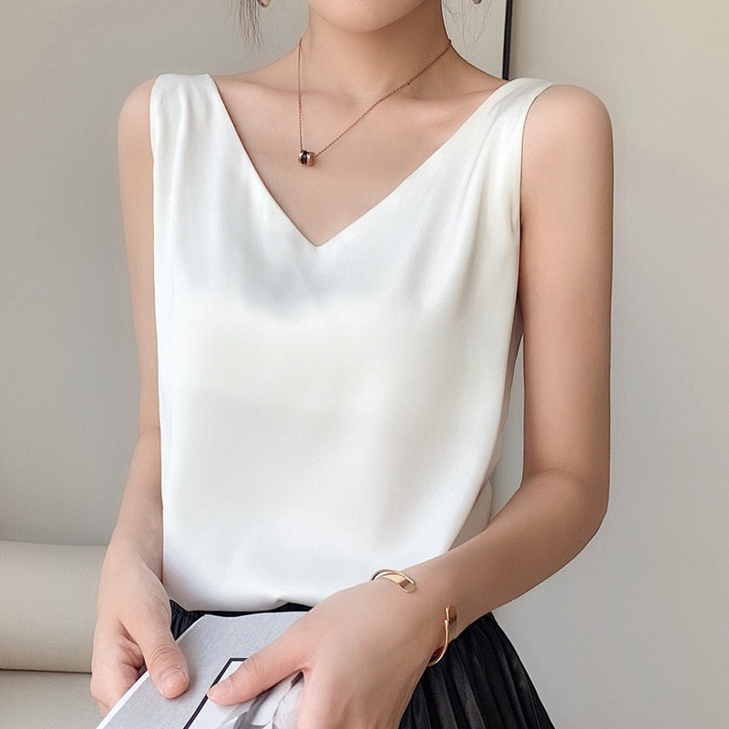 Strap Top Halter V Neck Sleeveless Satin Silk Tank Top