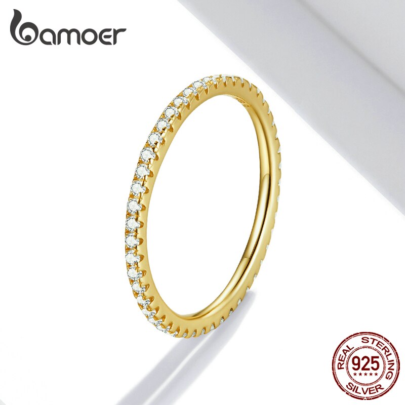925 Sterling Silver Simple Elves Plated Gold Dazzling CZ Stone Finger Ring