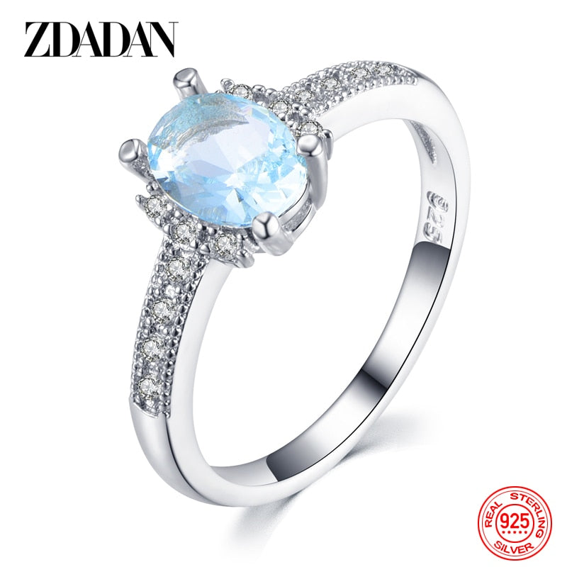 ZDADAN 925 Sterling Silver Charm Aquamarine Ring