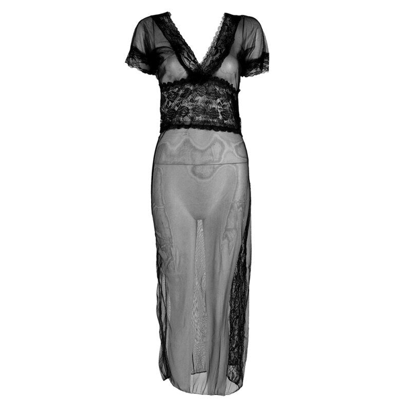 Sexy long dressing women night gown sheer transparent dress