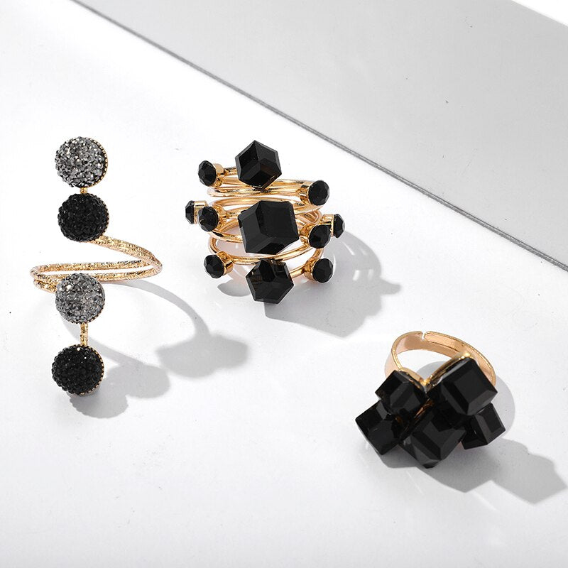 Antique Black Crystal Stone Opening Joint Adjustable Gothic Statement Ring