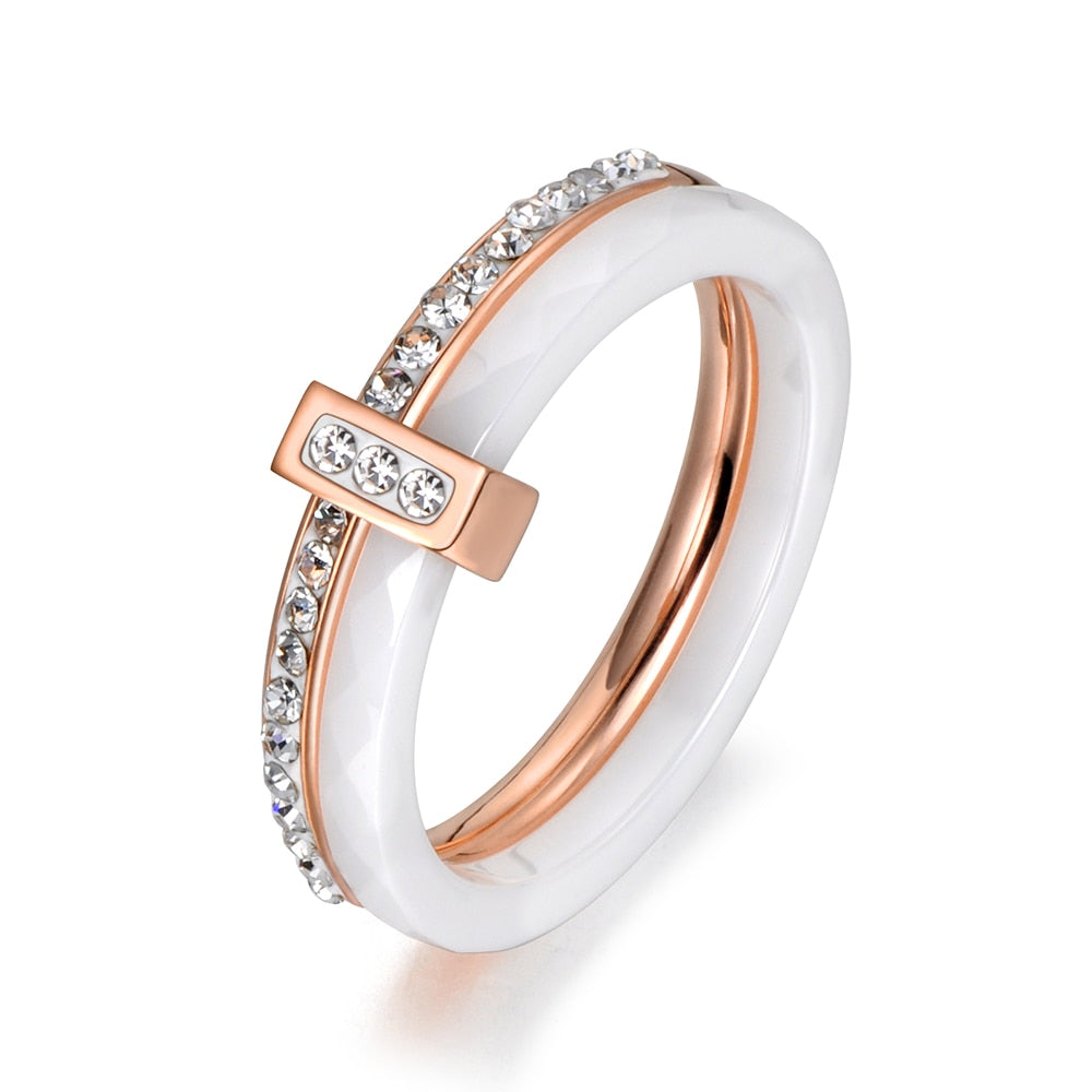 Black/White Ceramic Crystal Stainless Steel Wedding Ring