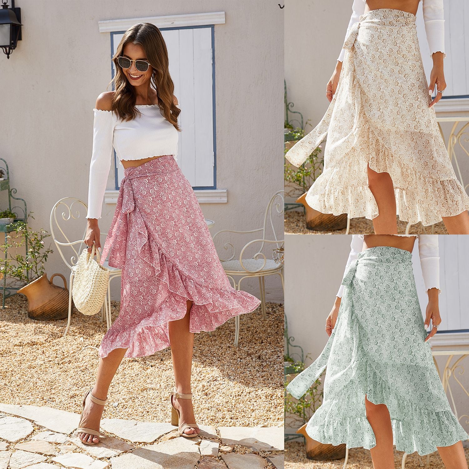 HUAYASX Long Skirts Irregular Floral Chiffon Skirt Women's Skirt Chiffon Ruffled Irregular Women Clothingd Flower Leaf Pattern