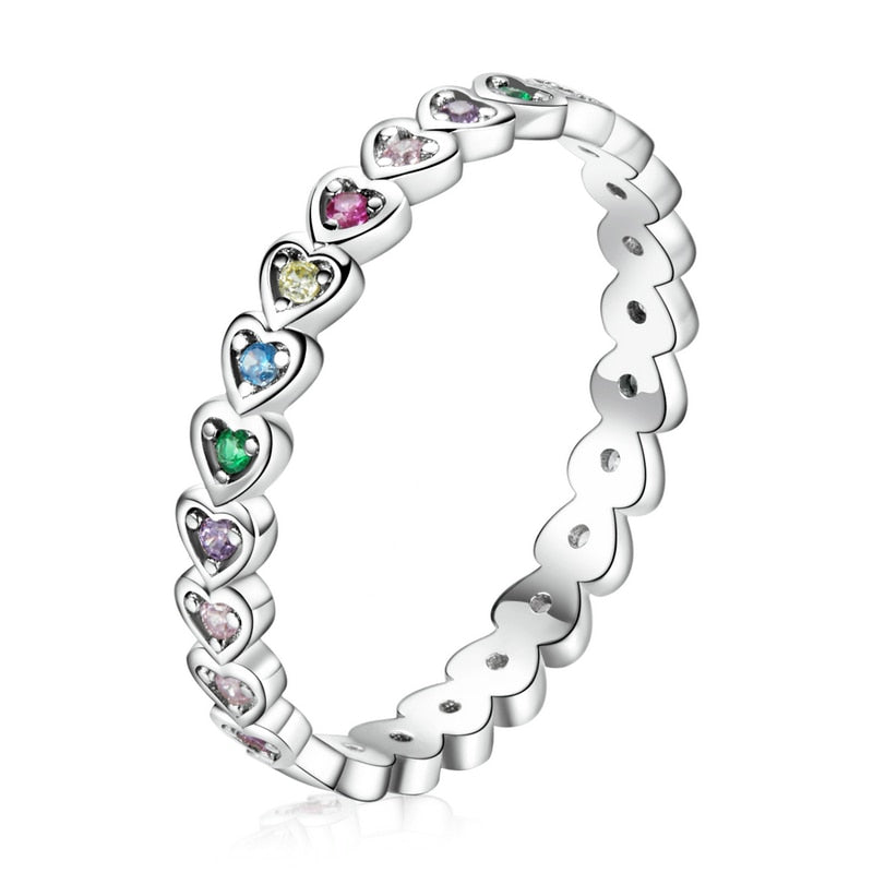 bamoer Silver Rainbow Crystal Heart Silver Enamel Colorful Stars Ring