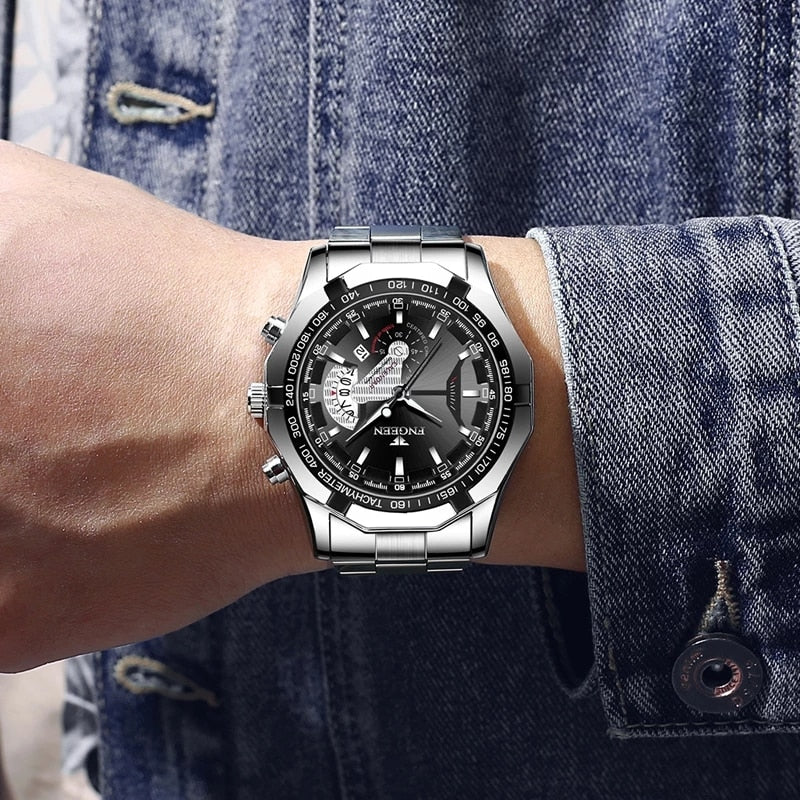 FNGEEN Luxury Men's Watches Stainless Steel Band Fashion Waterproof Quartz Watch For Man Calendar Male Clock Reloj Hombre S001
