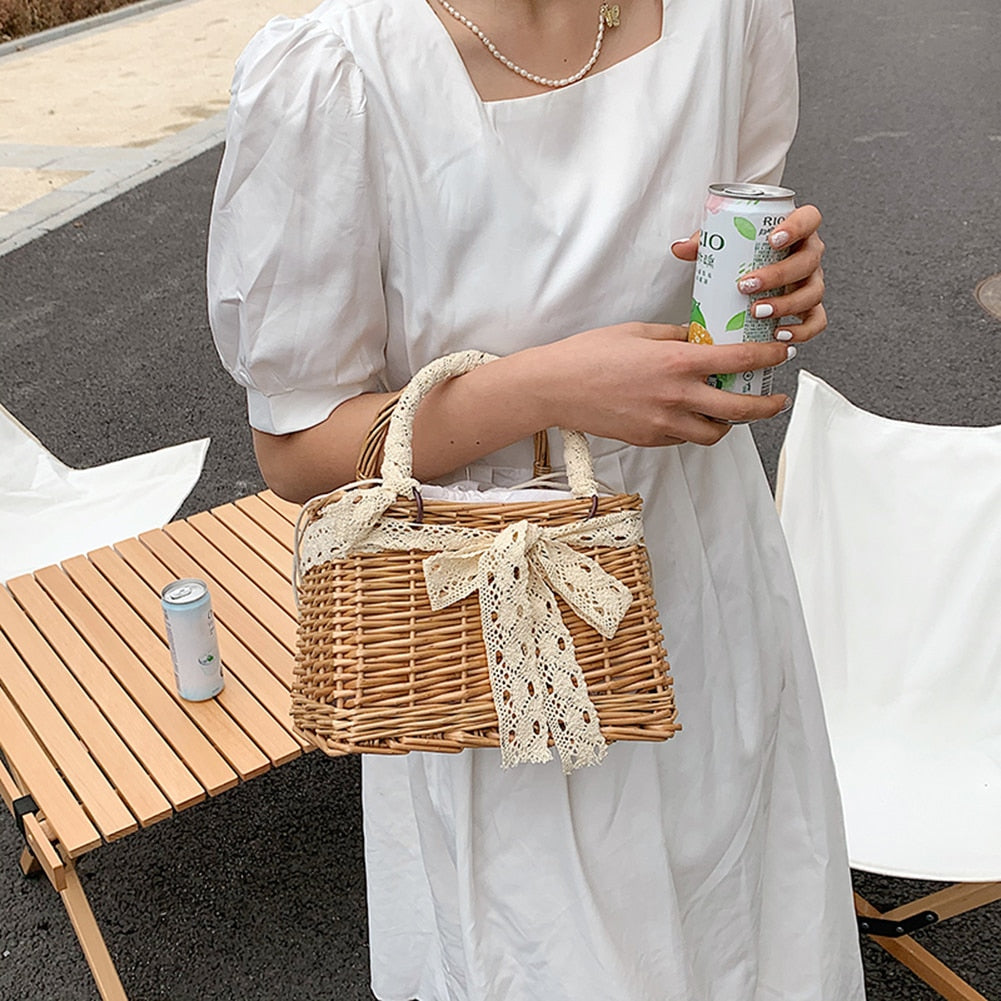 Straw Rattan Handmade Pearl Beads Tote Bag